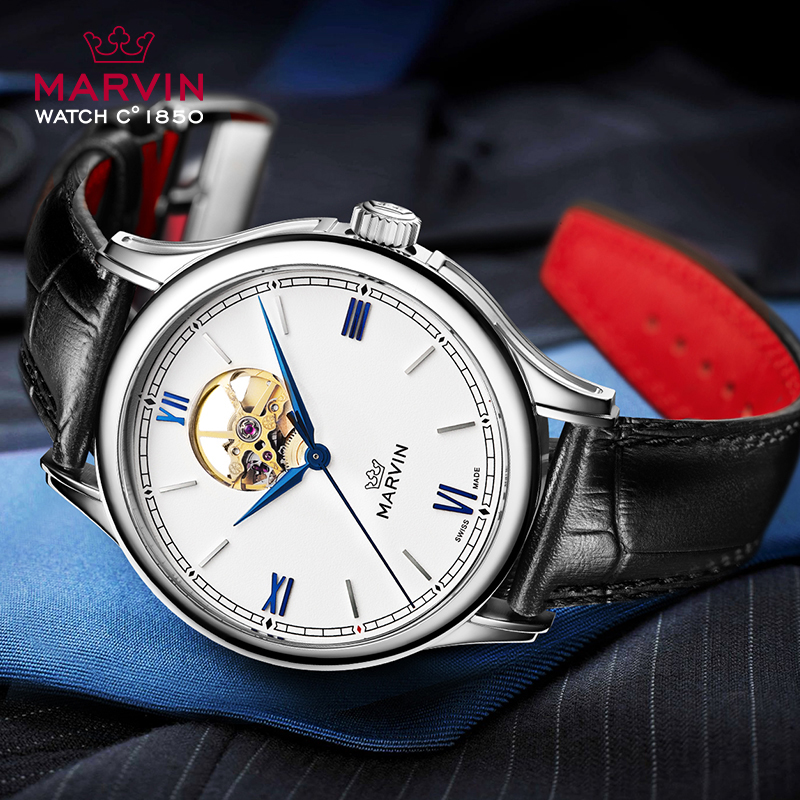 瑞士摩纹表Marvin莫尔顿系列镂空机芯时尚蓝针自动机械男士手表