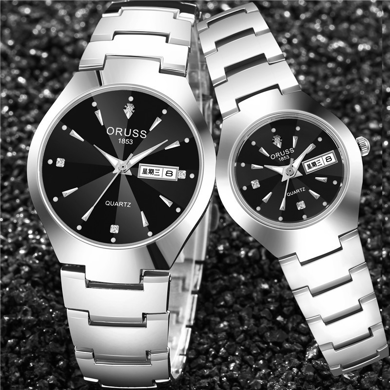 奥瑞时ORUSS潮表男款手表钢带防水学生情侣手表双日历复古石英表