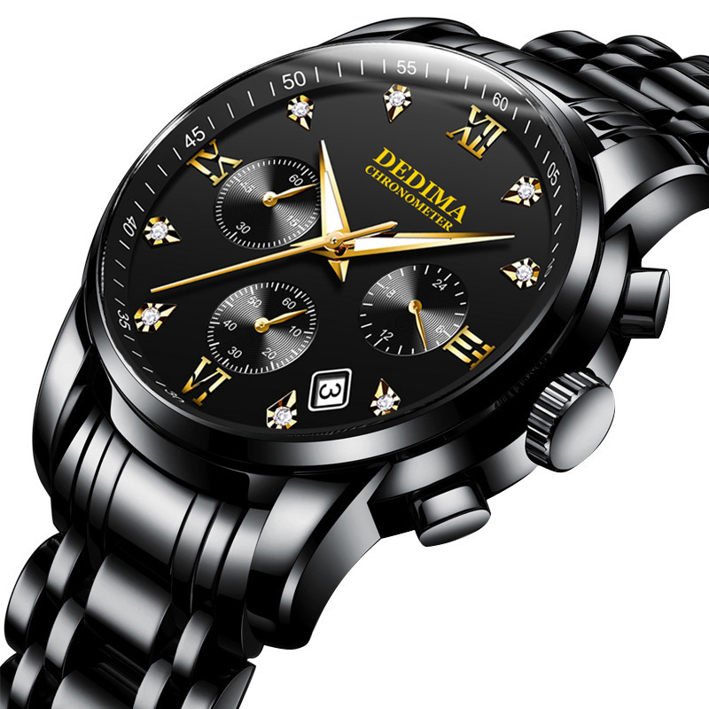 DEDIMA高档时尚真三眼六针多功能运动防水实心钢带日历手表